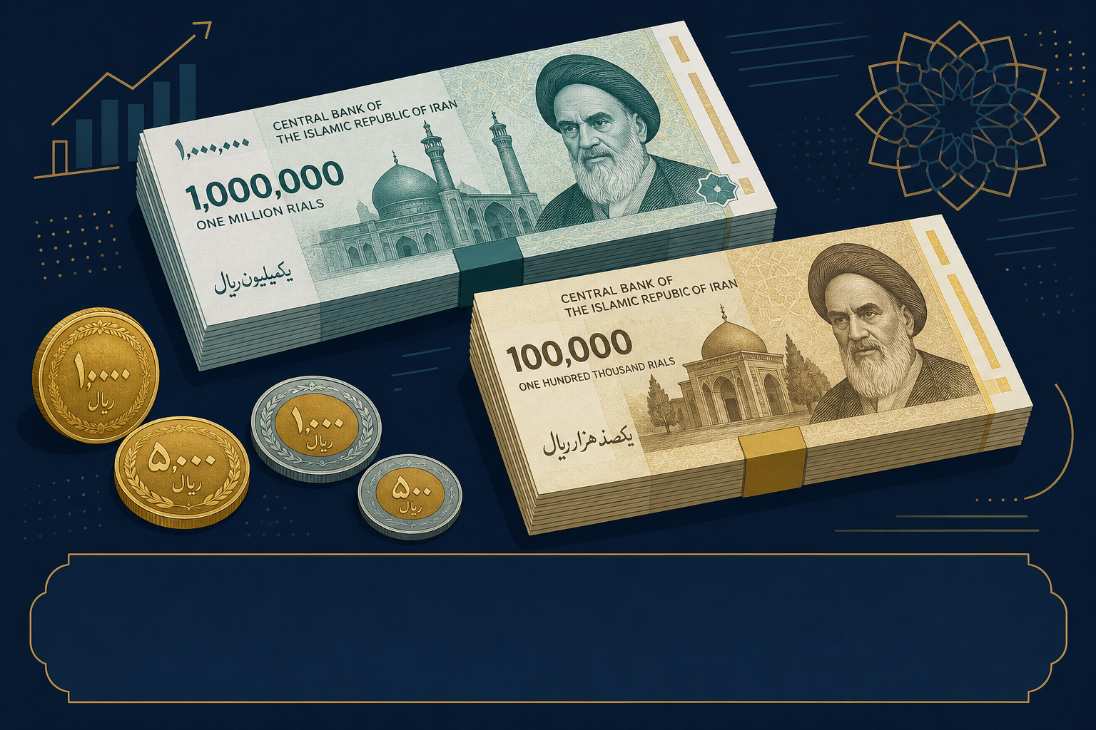 Stylized Iranian rial banknotes and coins — common denominations used in daily trade